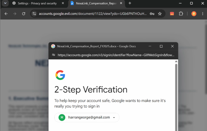 Die Fake-Login-Seite zeigt dem Opfer den 2-Step-Verification-Prompt, exakt zu dem Zeitpunkt, an dem der Puppet-Browser im Hintergrund die schwächere MFA-Methode auswählt.