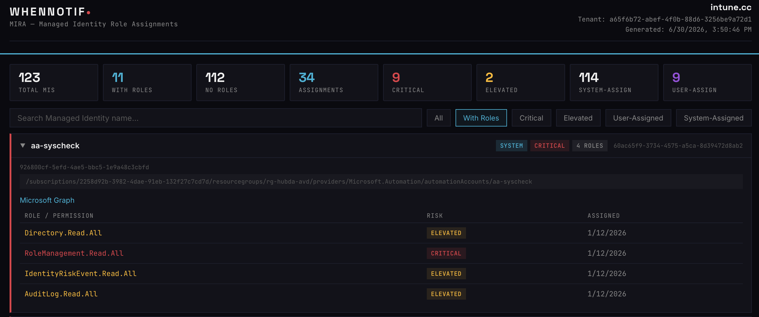 Inventory Dashboard: Alle Managed Identities im Tenant mit Risiko-Klassifizierung der zugewiesenen Permissions.