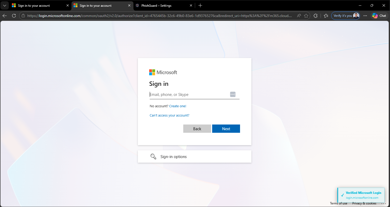 Verified Badge erscheint kurz wenn der User auf einer legitimen Microsoft-Seite landet.