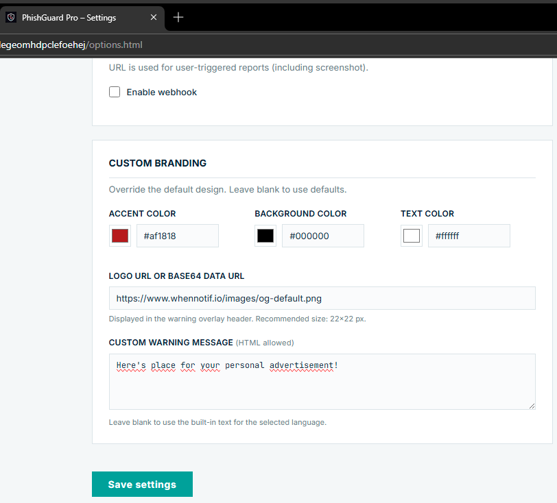 Branding-Einstellungen in der Options-Page – Farben, Logo-URL und Warntext.