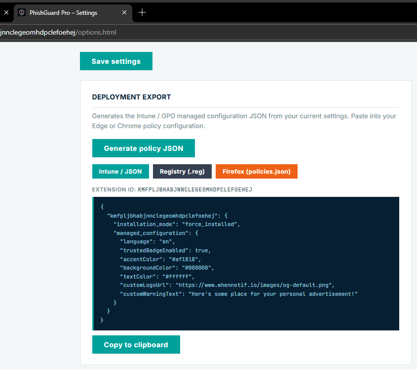 Deployment-Export: Intune-JSON-Policy und .reg-Datei werden direkt aus den Settings generiert.