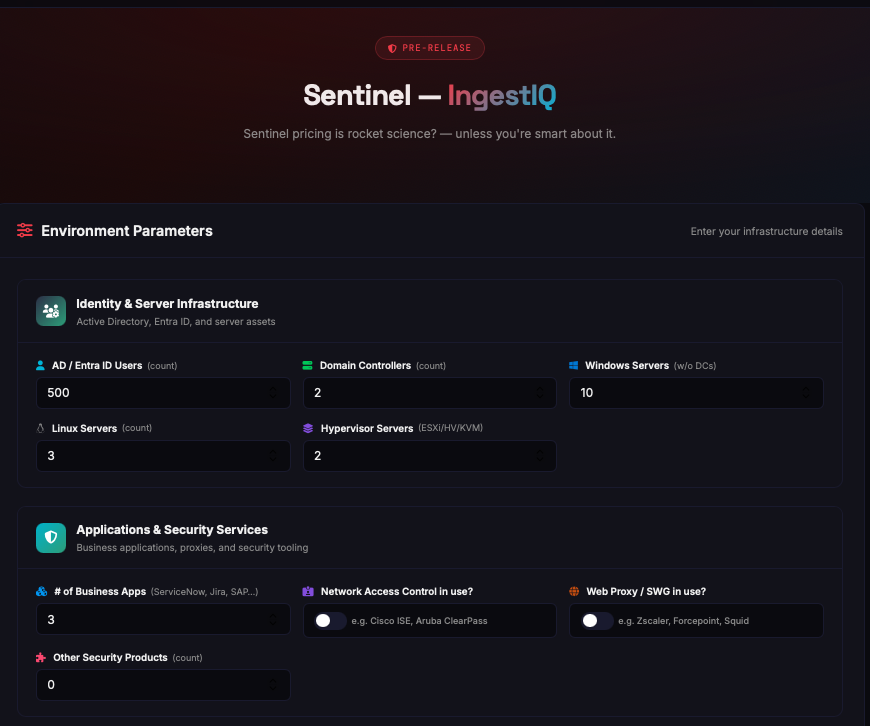 Sentinel IngestIQ Calculator - Log-Quellen Eingabe mit Kategorien, Multiplikatoren und Tagesvolumen